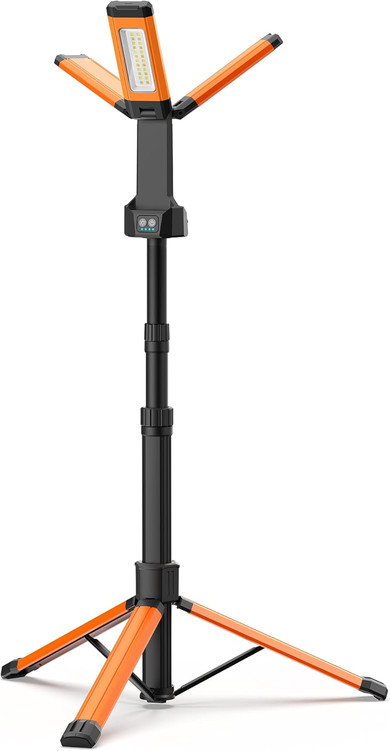 PARTPHONER Rechargeable LED Work Light with Stand, 67" Tall Portable Cordless Work Light, 8AH Battery, 500/1500/2500 Lumen, 4000/6500K Dimmable Camping Light with Detachable Tripod Orange (Carrying Bag Included) - Image 1